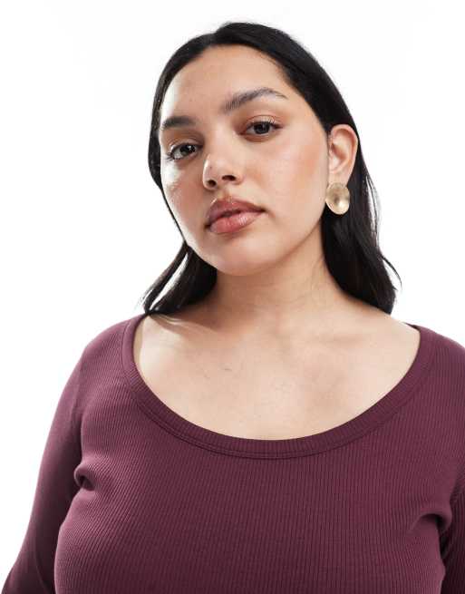 New Look Curve scoop ribbed long sleeve top in purple, 3 of 4
