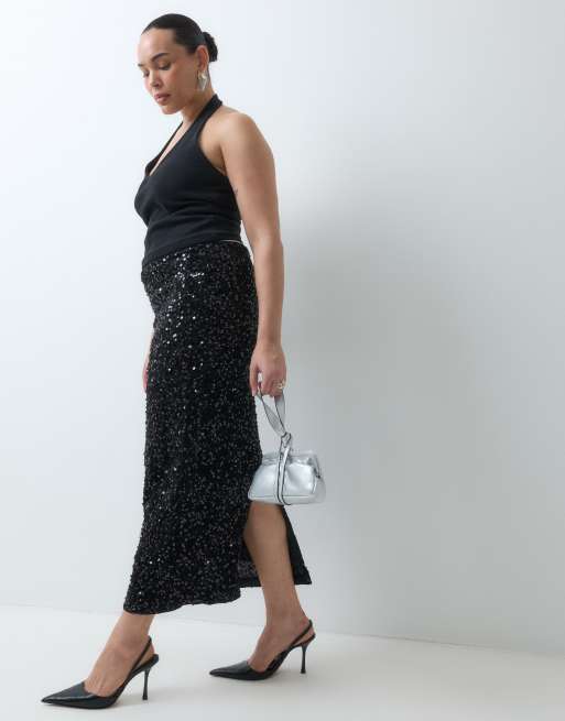 New Look Curve sequin midi skirt in black, 3 of 5