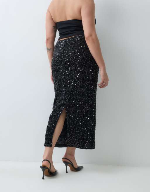 New Look Curve sequin midi skirt in black, 4 of 5