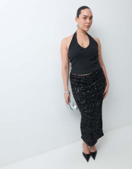 New Look Curve sequin midi skirt in black, 5 of 5