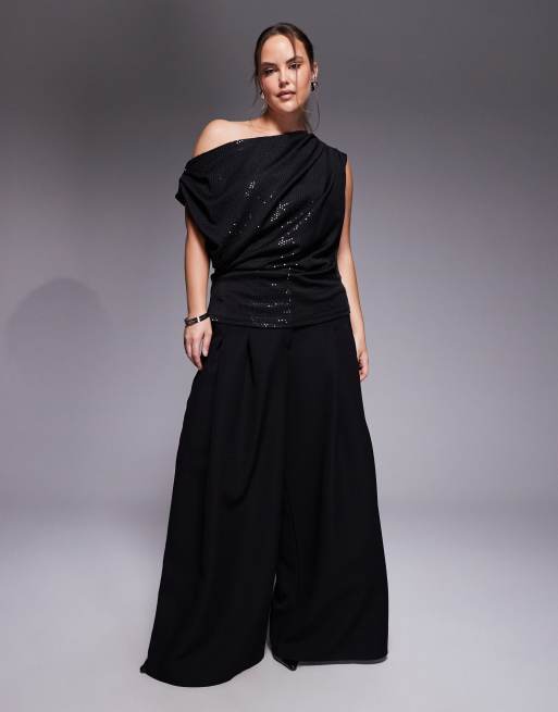 New Look Curve sequin scoop neck top in black, 4 of 4