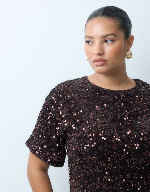 New Look Curve sequin tee mini dress in brown, 2 of 4