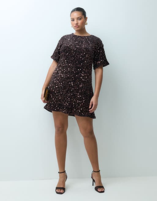 New Look Curve sequin tee mini dress in brown, 3 of 4