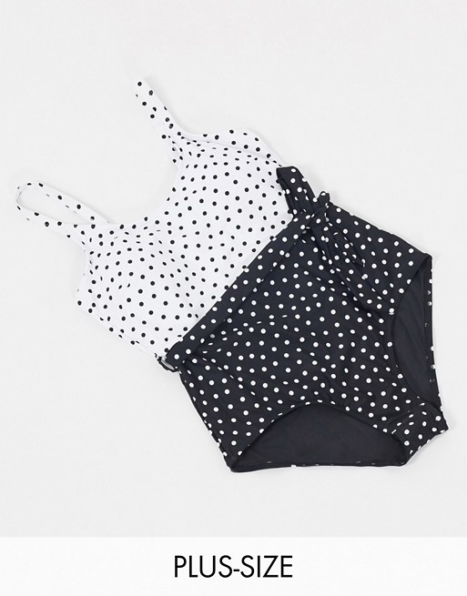 New Look Curve Shapewear belted swimsuit black polka dot