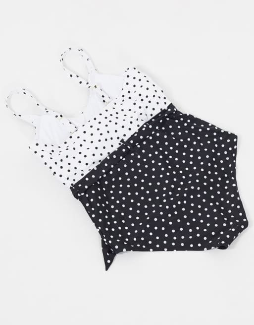 New Look Curve Shapewear belted swimsuit black polka dot