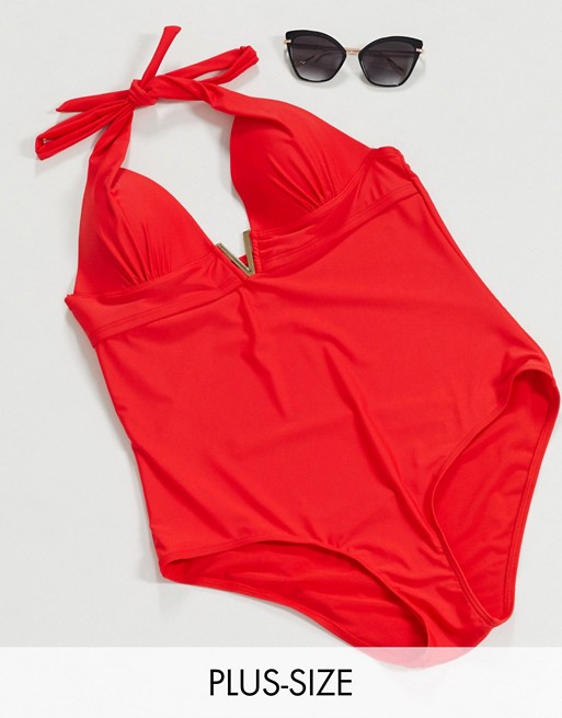 New Look Curve Shapewear push & sculpt halterneck swimsuit in red