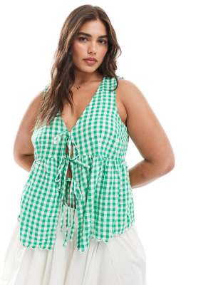 New Look Curve - Shell top met strik en gingham ruit in groen | ASOS
