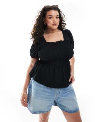 New Look Plus New Look Curve shirred bodice short sleeve top in black