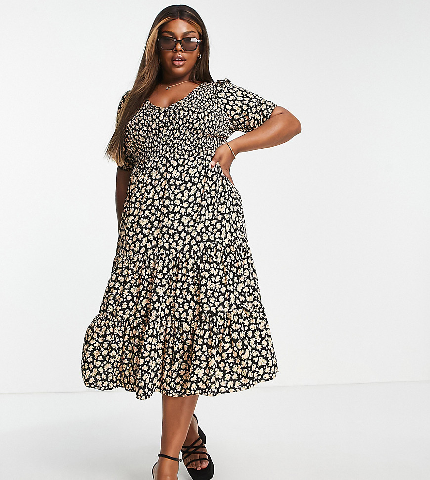 New Look Curve shirred midi dress in yellow floral
