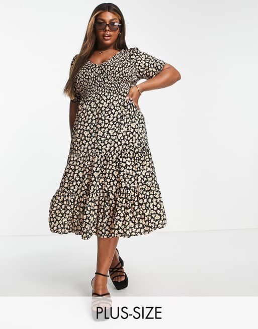 New Look Curve shirred midi dress in yellow floral | ASOS