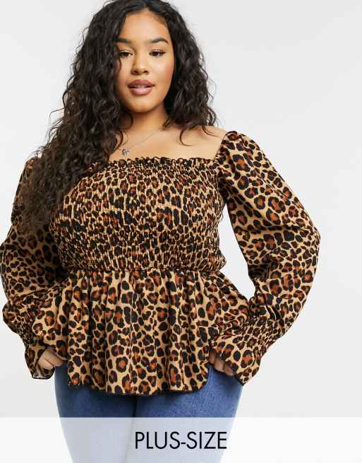 New Look Curve shirred peplum top in animal print