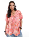 [New Look Plus] New Look Curve shirred tie front top in red gingham 22 Red Pattern