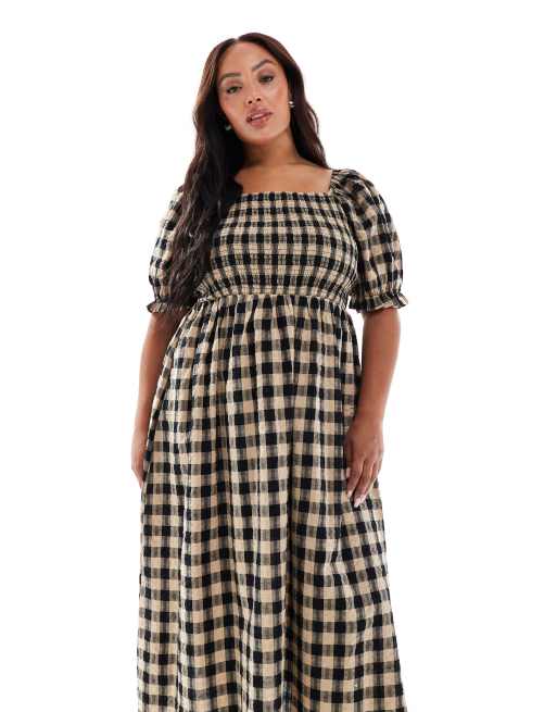 New Look Curve short sleeve shirred midi dress in brown check, 3 of 4