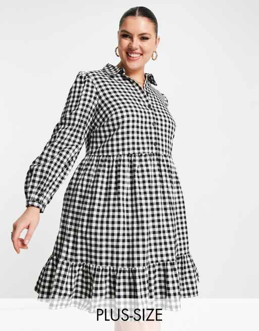 New Look Curve - Skjortekjole i sorte gingham-tern med smock