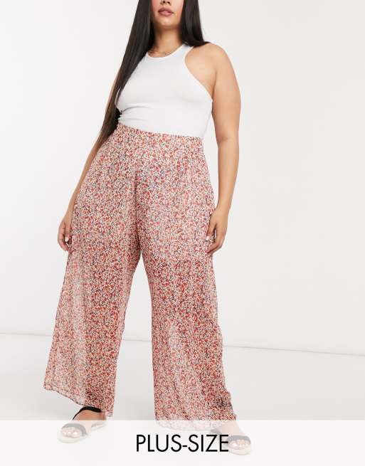 New Look Curve – Småblommiga chiffongbyxor med vida ben