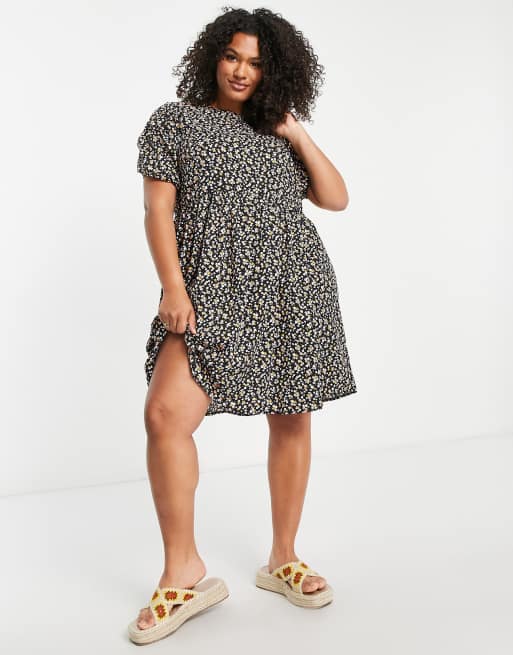 New Look Curve smock mini dress in black floral | ASOS