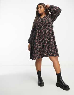 New Look Plus New Look Curve Smock Mini Dress In Black Floral