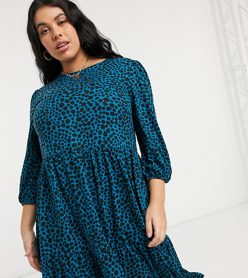 New Look Curve soft touch smock dress in blue dot pattern-Blues