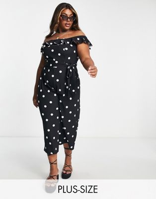 New Look Curve square neck jumpsuit with frill sleeves in black polka dot - ASOS Price Checker