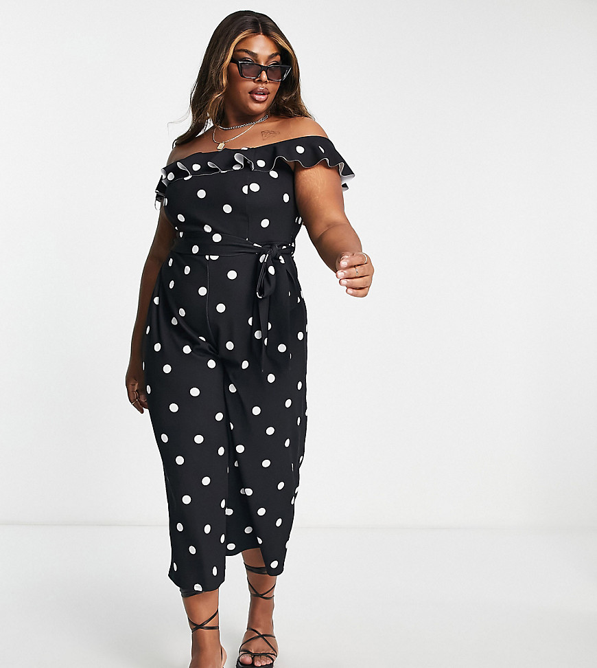 New Look Plus New Look Curve Square Neck Jumpsuit With Frill Sleeves In Black Polka Dot