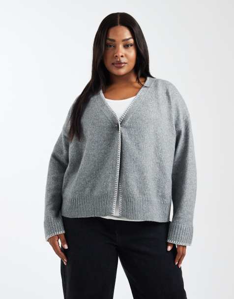 New Look Curve – Strickjacke in Grau mit Zierstreifen - view 1
