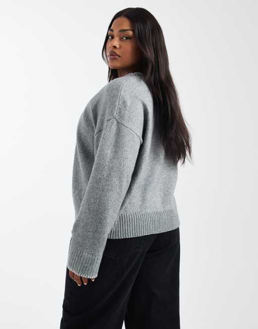 New Look Curve – Strickjacke in Grau mit Zierstreifen, 2 von 4