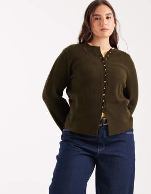 New Look Curve - Strickjacke in Khaki mit Rundhalsausschnitt-Grün