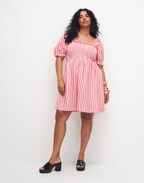New Look Curve stripe frill milkmaid mini dress in red - view 1