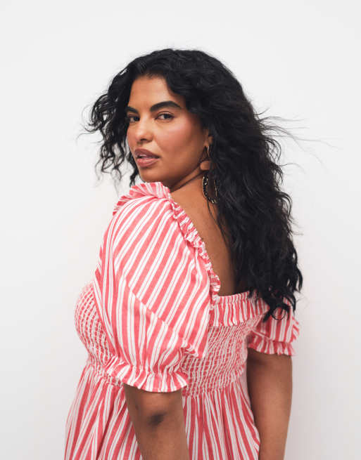 New Look Curve stripe frill milkmaid mini dress in red, 2 of 7