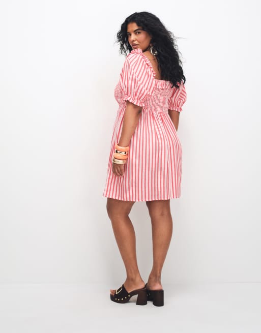 New Look Curve stripe frill milkmaid mini dress in red, 4 of 7