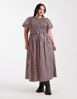 New Look Plus New Look Curve stripe shirred midi dress in pink pattern