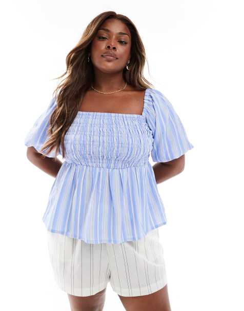 New Look Curve stripe square neck top in blue - view 1
