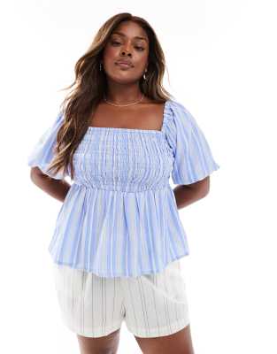 [New Look Plus] New Look Curve stripe square neck top in blue 26 Blue pattern