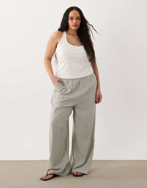 New Look Curve stripe wide leg trousers in cream