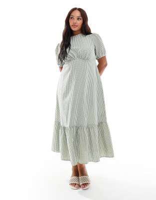 New Look Curve - Strukturiertes Midikleid in Dunkelgrün mit Vichy-Karos