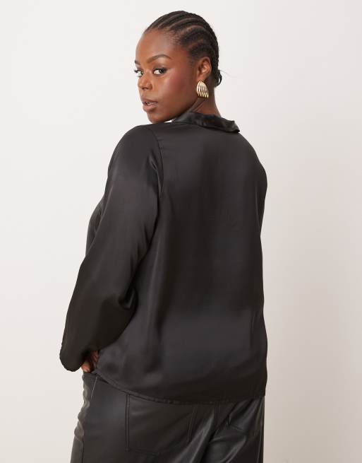 New Look – Curve – Svart blus i satin med knytning framtill, 3 av 4