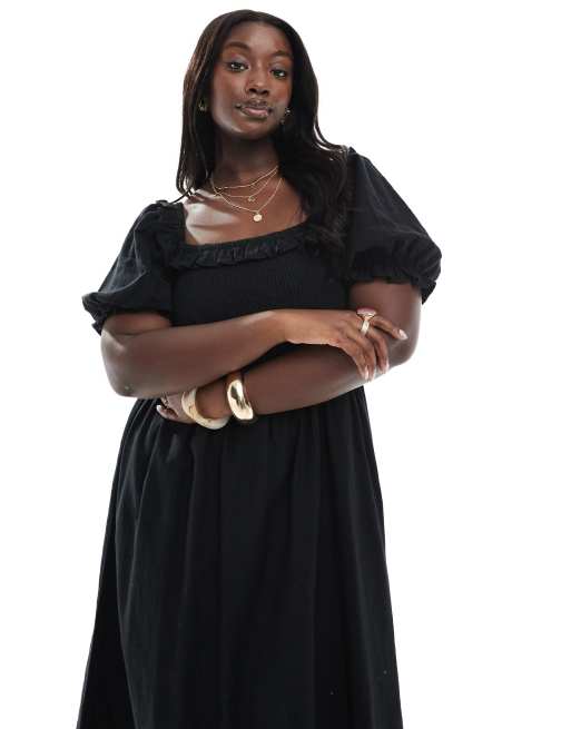 New Look Curve – Svart midiklänning i milkmaid-modell med puffärmar, 3 av 4