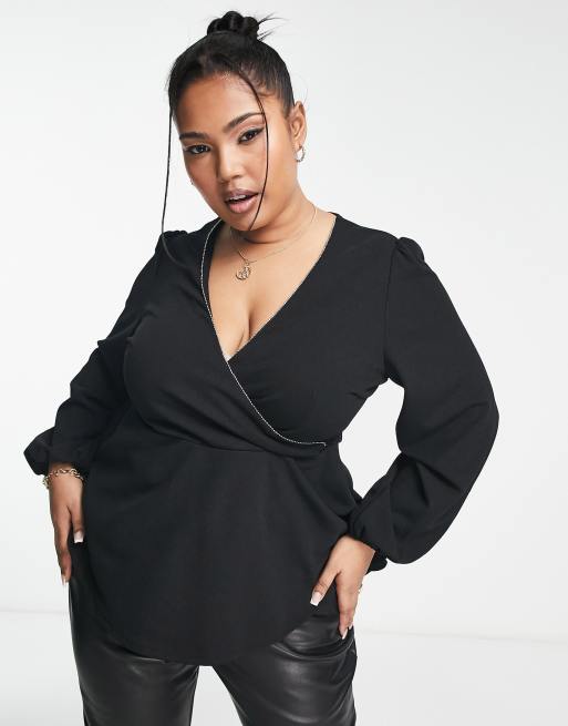 New Look Curve – Svart omlottopp med långa ärmar