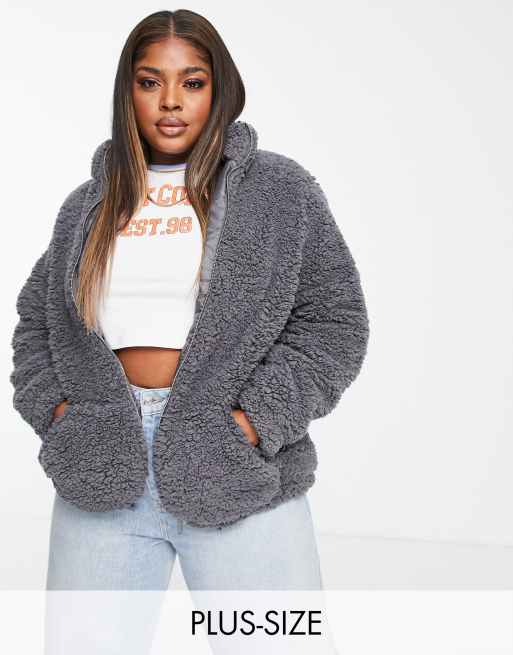 New Look Curve – Szara puszysta kurtka ze sztucznego kożuszka z golfem