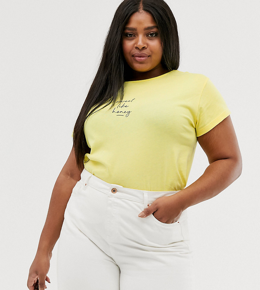 New Look Curve - T-shirt met tekst 'honey' in geel