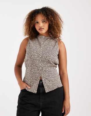 New Look Curve - Tanktop in Braun mit Leopardenmuster und durchgehender Knopfleiste-Brown