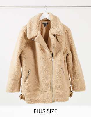 New Look Curve teddy borg aviator jacket in camel-White