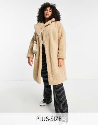 New Look Curve teddy borg coat in camel-Brown