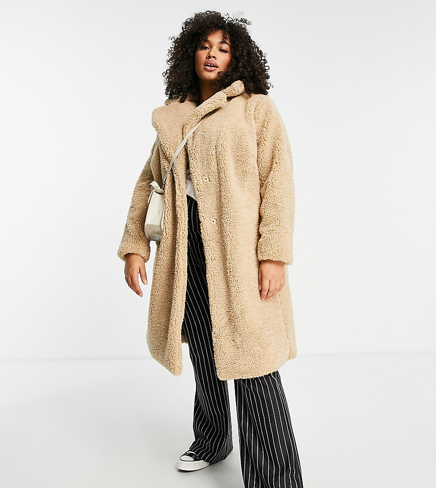 New Look Curve teddy borg coat in camel-Brown
