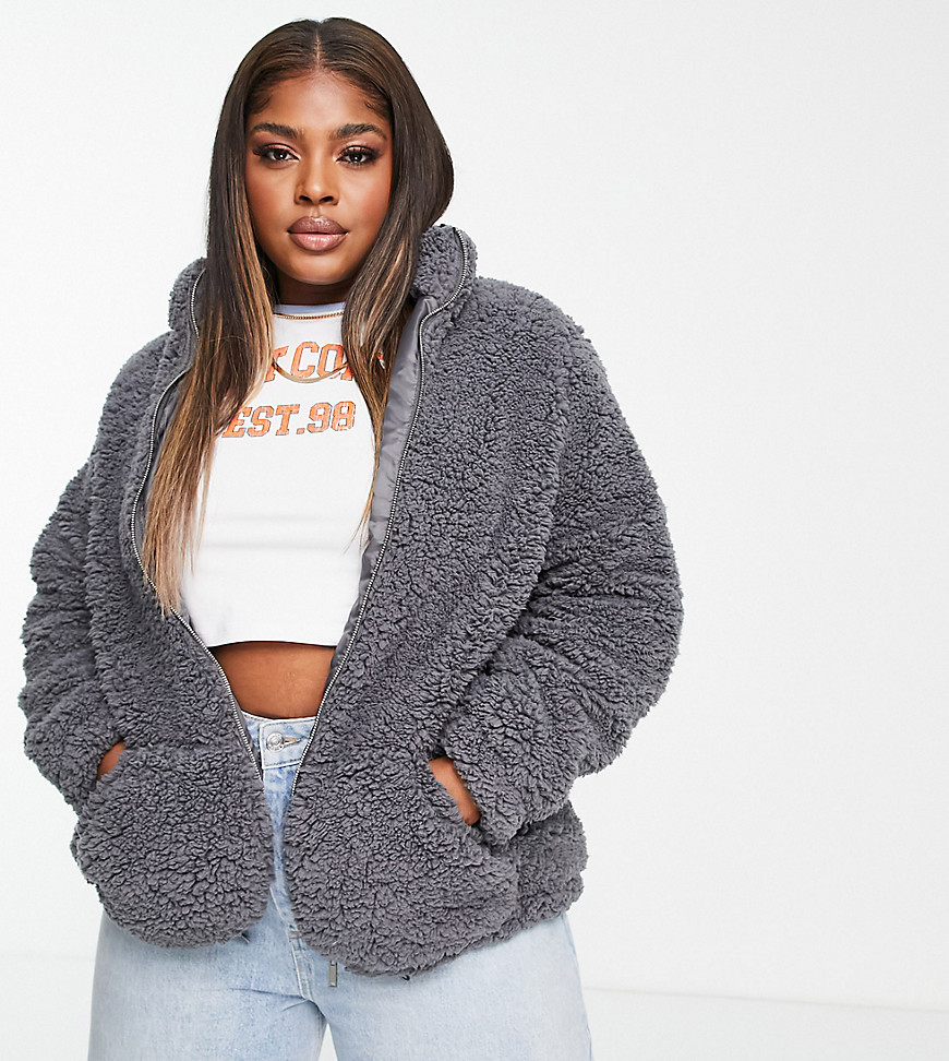 New Look Curve teddy borg funnel neck jacket in gray-Grey