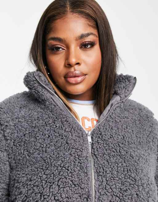 New Look Curve teddy borg funnel neck jacket in gray