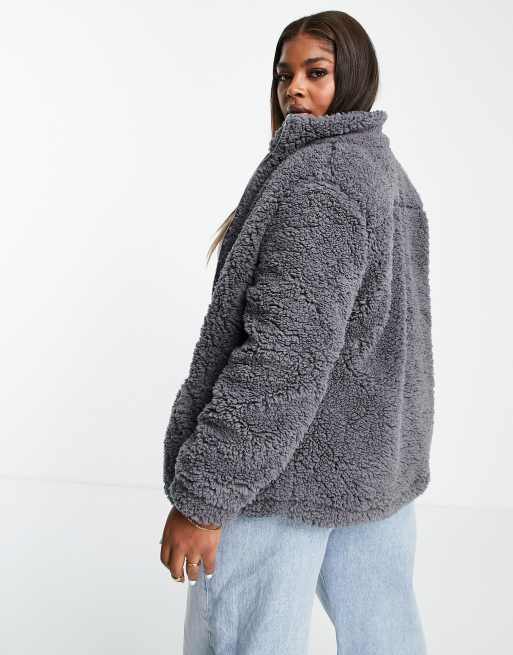 New Look Curve teddy borg funnel neck jacket in grey ASOS