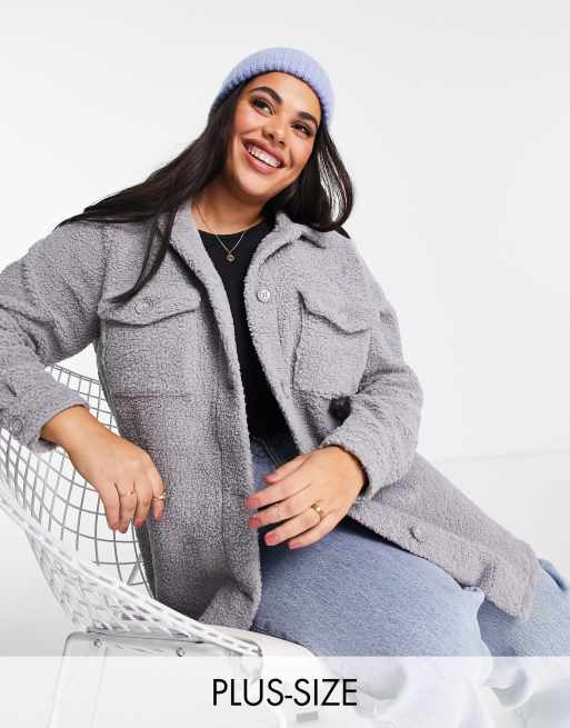 New Look Curve teddy borg shacket in dark grey | ASOS