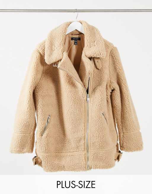 ASOS DESIGN teddy fleece oversized jacket with pocket in beige