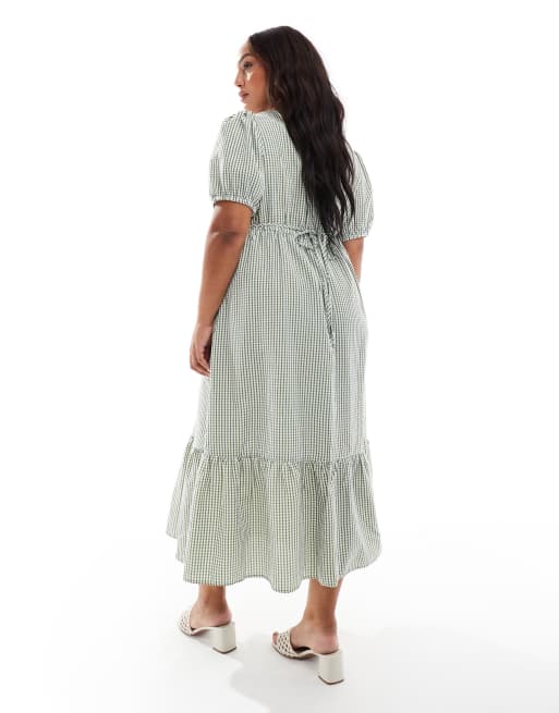 New Look Curve textured gingham midi dress in dark green, 2 of 4